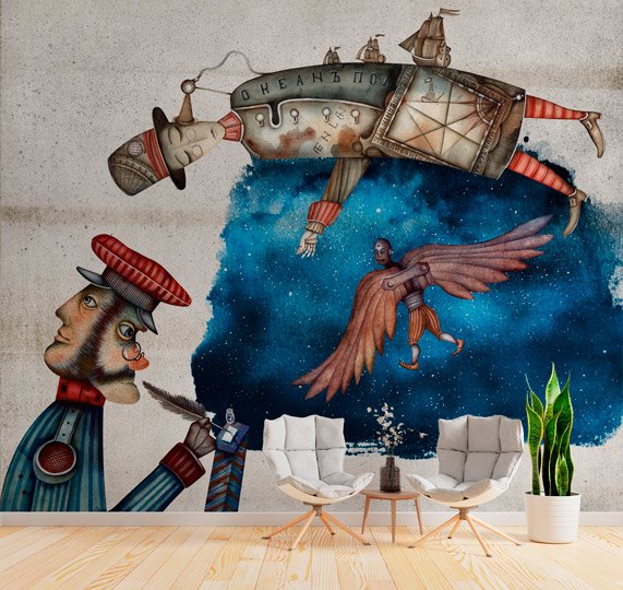 Carta da parati artistica raffigurante Icaro con ali, elementi astronomici e mitologici su sfondo stile pergamena vintage