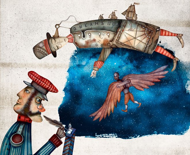 Carta da parati artistica raffigurante Icaro con ali, elementi astronomici e mitologici su sfondo stile pergamena vintage