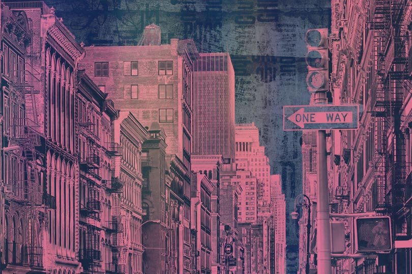 Carta da parati New York Pulse con vista artistica delle strade di New York, ideale per dare un tocco urbano e moderno a qualsiasi ambiente.