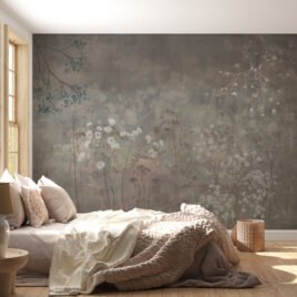 "Dettaglio della carta da parati Sottovoce con grafiche floreali bianche su fondo materico grigio e tortora, ideale per ambienti moderni e luminosi."