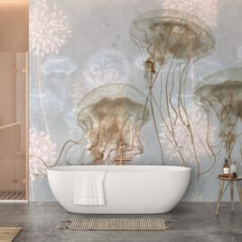 Carta da parati con meduse stilizzate e fondo chiaro materico, stile naturale e rilassante, ideale per interni contemporanei.