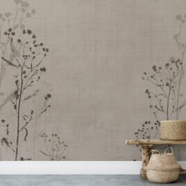 Carta da parati decorativa con motivo botanico essenziale su fondo neutro, stile naturale minimal, tonalità beige e grigio, design contemporaneo.