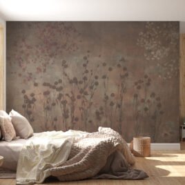 carta da parati con pattern botanico "Sottovoce". L'immagine illustra le variazioni cromatiche su tema: da sinistra, tonalità ruggine calde, toni scuri antracite, verde salvia fresco, tinte neutre terra, e una versione chiara eterea. Dimostrazione di flessibilità progettuale e personalizzazione del colore per progetti su misura.