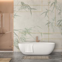 Carta da parati meditativa denominata Karesansui: su uno sfondo grigio pietra, rami di bambù e linee dorate creano l'illusione di una finestra aperta su un giardino Zen, evocando calma e profondità spirituale.