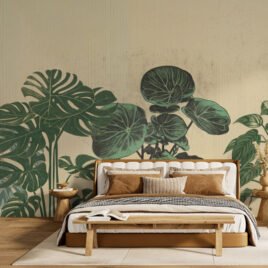 "Carta da parati Timberline per interni di montagna. Motivo con alberi alpini in stile incisione vintage, disposti in un pattern grafico ritmico e distanziato su sfondo materico. Ideale per arredamento chalet moderno."