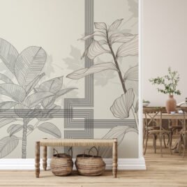 "Carta da parati moderna LIMITE POSITIVO. Design architettonico con riquadri geometrici neri sovrapposti a disegni botanici tecnici (Monstera e Palme) su sfondo grigio chiaro materico."