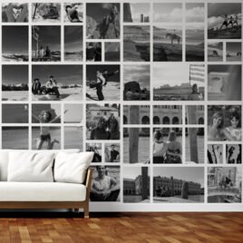 Carta da parati personalizzata Contact Sheet con collage di foto di famiglia in bianco e nero. Layout a griglia geometrica moderna per parete fotografica in soggiorno o ingresso.