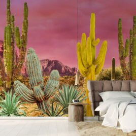 Paesaggio surreale del deserto di Sonora con cactus saguaro giganti e piante succulente su sfondo cielo rosa e viola intenso, stile artistico e psichedelico per carta da parati design.