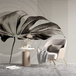 "Carta da parati moderna Monstera geometrica. Design bianco e nero con foglia di Monstera, cerchi concentrici e linee orizzontali. Wallpaper minimalista per uffici e living moderni."