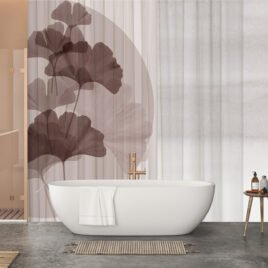 Carta da parati Teatro delle Ombre. Design delicato con ombre di foglie di Ginkgo in trasparenza dietro una texture effetto tessuto plissettato e carta di riso. Colori neutri e luce diffusa stile giapponese.