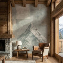 Alt text: Salotto elegante di uno chalet alpino di lusso con travi in legno, camino in pietra e una poltrona in pelle vintage. La parete d'accento è decorata con la carta da parati Altitudes, che raffigura il Cervino circondato da geometrie e disegni botanici, in perfetta armonia con il paesaggio innevato della Valle d'Aosta visibile dalla vetrata.