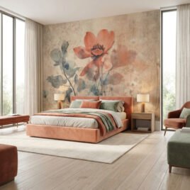 Camera di un boutique hotel di lusso: la carta da parati Sottoluce fa da testata a un elegante letto in velluto color ruggine. I fiori trasparenti ed evanescenti sulla parete creano un'atmosfera di lusso silenzioso e profondo riposo visivo.