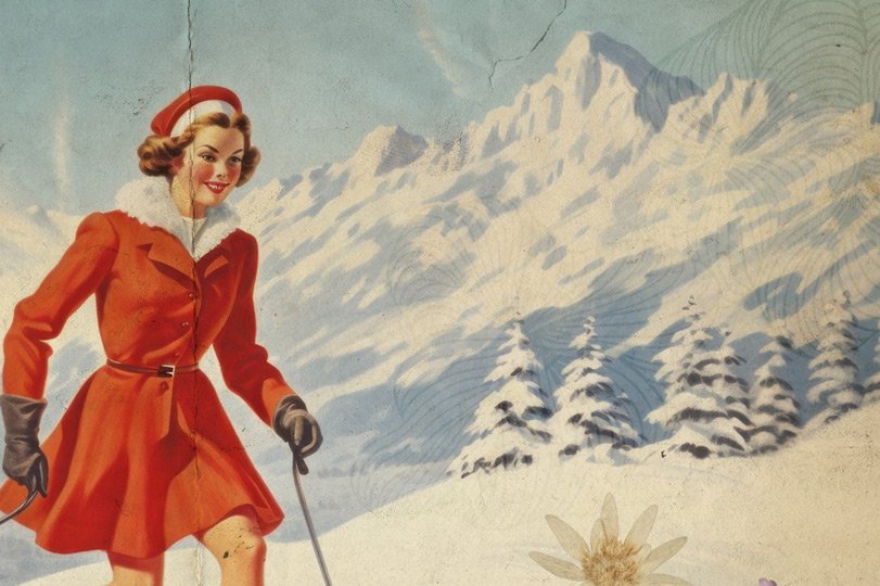Prima del Kulm, l'inverno era solo freddo. Dopo, è diventato St. Moritz.
Winter Club celebra la nascita del turismo invernale. Un collage materico che evoca l'atmosfera dei primi club esclusivi e l'eleganza senza tempo dello sci anni '50. Per chi ama la montagna non solo per il paesaggio, ma per la sua storia solare e vibrante.
☀️ "Vi prometto il sole anche sulla neve." — Johannes Badrutt. Carta da parati vintage Winter Club: grafica stile poster anni '50 ispirata a St. Moritz. Sciatrice con abito rosso su sfondo di montagne innevate, arricchita da effetti collage con sci di legno, fiori alpini e texture cartacee segnate dal tempo.