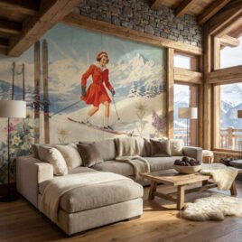 Carta da parati vintage Winter Club: grafica stile poster anni '50 ispirata a St. Moritz. Sciatrice con abito rosso su sfondo di montagne innevate, arricchita da effetti collage con sci di legno, fiori alpini e texture cartacee segnate dal tempo.