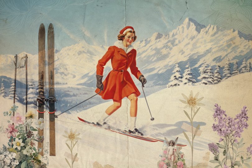 Prima del Kulm, l'inverno era solo freddo. Dopo, è diventato St. Moritz.
Winter Club celebra la nascita del turismo invernale. Un collage materico che evoca l'atmosfera dei primi club esclusivi e l'eleganza senza tempo dello sci anni '50. Per chi ama la montagna non solo per il paesaggio, ma per la sua storia solare e vibrante.
☀️ "Vi prometto il sole anche sulla neve." — Johannes Badrutt. Carta da parati vintage Winter Club: grafica stile poster anni '50 ispirata a St. Moritz. Sciatrice con abito rosso su sfondo di montagne innevate, arricchita da effetti collage con sci di legno, fiori alpini e texture cartacee segnate dal tempo.