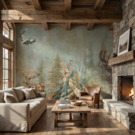 Carta da parati simbolista Alpen Pop: composizione a collage mistico-filosofico. Raffigura un cervo spirituale con corna fiorite e una montagna inscritta in una sfera lunare, evocando un antico manoscritto o una mappa surreale su sfondo materico.