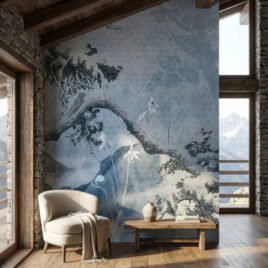 Carta da parati contemplativa Blue Zen: paesaggio montano acquerellato nei toni blu e indaco. In primo piano, un ramo curvo disegnato a inchiostro stile sumi-e con fiori bianchi. Sullo sfondo, montagne sfumate e texture geometrica ispirata alla carta di riso giapponese.