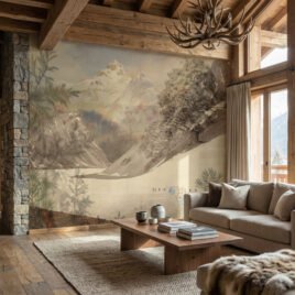 Carta da parati vintage Gran Tour: illustrazione stile incisione ottocentesca delle Alpi, sovrapposta a calligrafia antica color seppia. Dettagli di pini verdi e fiori rosa in primo piano creano profondità. Ispirata ai viaggi di Victor Hugo.