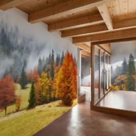 Carta da parati paesaggistica Walden: scena autunnale con nebbia. In primo piano, un grande albero rosso e arancione su prato dorato; sullo sfondo, bosco di pini verde scuro che sfuma nel bianco della nebbia.