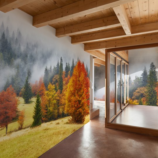 "Grazie alla sua capacità di fondere il calore del primo piano con la profondità eterea dello sfondo, Walden è la scelta ideale per portare la quiete maestosa del paesaggio alpino all'interno della tua casa, evocando il silenzio avvolgente che solo la vera montagna sa regalare." Carta da parati paesaggistica Walden: scena autunnale con nebbia. In primo piano, un grande albero rosso e arancione su prato dorato; sullo sfondo, bosco di pini verde scuro che sfuma nel bianco della nebbia.