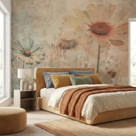 Carta da parati per boutique hotel: grandi margherite diafane, elaborate con la tecnica del fotogramma botanico anni '50, emergono da una parete materica color pergamena all'interno di una stanza da letto luminosa.