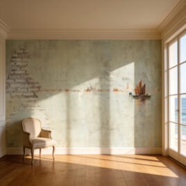 Ambiente moderno affacciato sul mare, con pavimento in parquet caldo. Sulla parete principale, la carta da parati Venezia Antica crea un affascinante cortocircuito visivo tra l'interno dal sapore materico e industriale, raffigurante un muro rovinato, e l'apertura illusoria sul paesaggio lagunare. Una poltroncina in velluto completa la scena.
