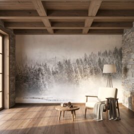 Parete d'accento di una baita contemporanea decorata con la carta da parati d'autore Confine Bianco. La nebbia invernale occulta un bosco profondo, mentre la texture materica della grafica assorbe la luce naturale della stanza. Un'opera di interior design che invita al riposo mentale.
