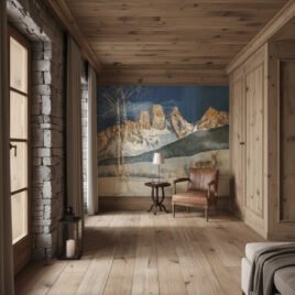 Carta da parati teatrale Diorama Alpino. Un cervo in primo piano osserva le cime dolomitiche illuminate di rosso dal fenomeno dell'enrosadira, contro un profondo cielo blu cobalto. Un'illustrazione dal sapore mitologico avvolta da una texture a griglia tessile per interior design d'autore.