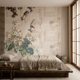 Fotografia d'interni di una luminosa camera da letto minimalista in stile wabi-sabi. La parete principale è interamente rivestita dalla carta da parati "Alba a Kyoto", che fa da sfondo materico e artistico alla stanza con il suo motivo patchwork, le peonie e l'uccellino sul ramo. L'arredamento è essenziale: un letto basso a piattaforma in legno grezzo scuro è vestito con lenzuola stropicciate in lino naturale e coperte intrecciate color corda. Sulla sinistra, un tavolino essenziale in legno ospita una teiera in ceramica artigianale. Sulla destra, una grande porta finestra a vetri in stile shoji lascia entrare una morbida luce naturale che illumina il pavimento in legno chiaro.