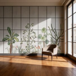 Interno raffinato e luminoso con pavimenti in legno caldo e una poltroncina dal design essenziale. Fa da quinta scenografica la carta da parati Orangerie: il rigoroso reticolo scuro in stile giardino d'inverno inquadra morbide illustrazioni botaniche, definendo uno spazio intimo e protetto dalle intemperie esterne.