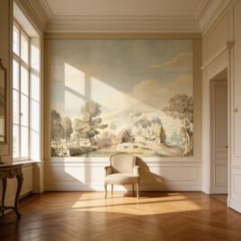 Soggiorno dal design eclettico e colto. Sulla parete principale, la carta da parati Capriccio crea un forte impatto visivo sovrapponendo macro-elementi botanici a un quieto paesaggio antico, alterando in modo geniale la percezione delle proporzioni della stanza.