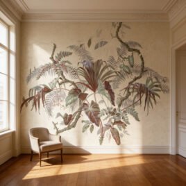Scorcio di una stanza lussuosa invasa dalla calda luce serale. La carta da parati botanica Il Vespro a Donnafugata fa da maestosa scenografia a una poltroncina di design in tessuto chiaro, creando un perfetto equilibrio tra il rigore architettonico e un'eleganza dal sapore esclusivo.