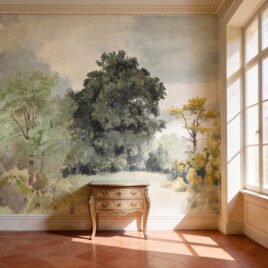 Paesaggio alberato ad acquerello fine Settecento, toni verdi e cielo velato.