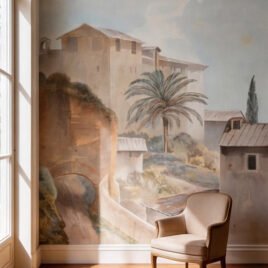 Rappresentazione artistica di un paesaggio di Tivoli del 1750, con architetture romane in laterizio parzialmente diroccate immerse in una luce crepuscolare; in primo piano, il contrasto tra una palma esotica e un cipresso austero, evocante l'atmosfera di un diario di viaggio del Settecento.