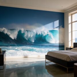 Una camera da letto dal design essenziale e pavimento in resina, baciata dalla luce del sole. Dietro il letto matrimoniale, la parete è interamente dominata dalla carta da parati Point Break, che mostra una gigantesca onda oceanica turchese nell'istante in cui si solleva per infrangersi. Il contrasto tra l'onda monumentale e la quiete della stanza crea un rifugio di pura libertà visiva.