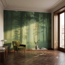 Soggiorno di lusso con pavimento in parquet scuro a spina di pesce. L'intera parete principale è rivestita dalla carta da parati L'Ora Smeraldo, che raffigura un bosco nebbioso. Una raffinata poltrona in velluto verde e un tavolino basso in marmo e ottone completano la scena, illuminata da una calda luce naturale che entra da una portafinestra sulla destra.