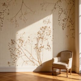 Una parete in un ambiente ricercato ed essenziale. La carta da parati Le Temps Retrouvé crea un punto di pausa, un momento di sospensione visiva che trasforma la casa in un luogo di riflessione profonda.