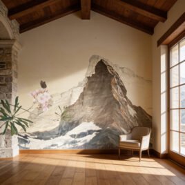 Soggiorno elegante di uno chalet di montagna in legno scuro e pietra. La parete principale è valorizzata dalla carta da parati materica Chanousia, che fonde la maestosità fredda del Cervino con l'inaspettato calore di dettagli botanici macro, conferendo alla stanza un lusso colto e intimo.