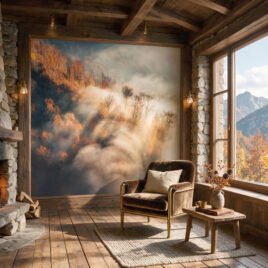 Interno rustico di una baita di lusso con pareti in pietra nuda e camino, riscaldato visivamente dai toni caldi della carta da parati foresta autunnale.