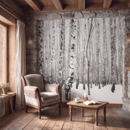 Interno di una baita rustica con pareti in pietra a vista e camino acceso, avvolto dalla quiete della carta da parati paesaggio alpino Il Labirinto Bianco.