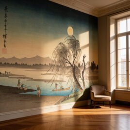 Ambiente studio o sala lettura dal design minimalista. La parete principale è dominata dall'incisione L'Istante di Hiroshige, che infonde una calma profonda e un rigore grafico, creando un'atmosfera di meditazione e studio.