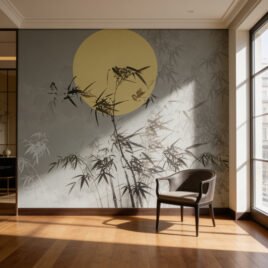 Una fotografia d'interni a tutta stanza e grandangolare che offre una visione d'insieme della carta da parati "Luna d'Inverno" installata (tonalità grigio-verde). L'intera parete principale presenta la scena completa della luna gialla e del bambù in scala architettonica. La poltrona lounge è posizionata a destra. Sulla sinistra, una parte di una credenza o mobile basso in legno scuro è visibile. Il pavimento in legno chiaro mostra schemi geometrici più chiari e definiti di luce solare proiettata dalla finestra a destra. La vista è completa e frontale, fungendo da immagine iconica o panoramica del design.