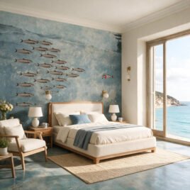 Camera da letto in stile mediterraneo contemporaneo, con pavimento in resina e parete di fondo decorata con carta da parati azzurro polvere a tema libertà e dissenso.