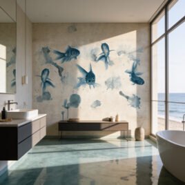 Carta da parati La Stanza di Tangeri in una sala da bagno sul mare: pesci ad acquerello e delicate colature verticali su fondo materico chiaro.