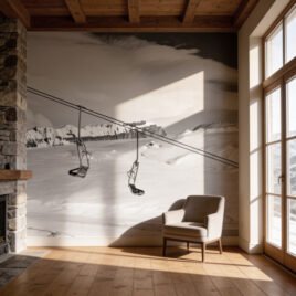 Accogliente stanza in stile chalet in legno chiaro, dominata dalla carta da parati Ascesa Bianca, con una singola poltrona dal design essenziale.