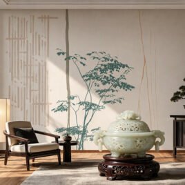 Living essenziale dominato da luce radente, dove la parete panoramica con ombre botaniche e geometrie sabbia restituisce un senso di assoluto ordine.